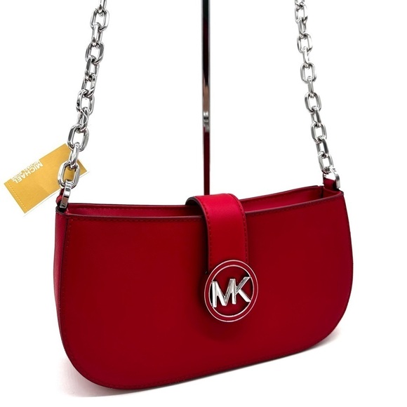 Michael Kors Carmen Small Pouchette Crossbody Bag Red/Silver - Picture 4 of 11